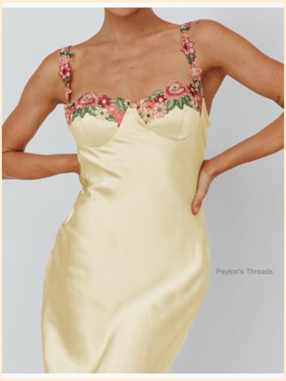 Satin Spaghetti Strap Floral Embroidered Maxi Dress Sweetheart Backless Slit - Picture 2 of 7